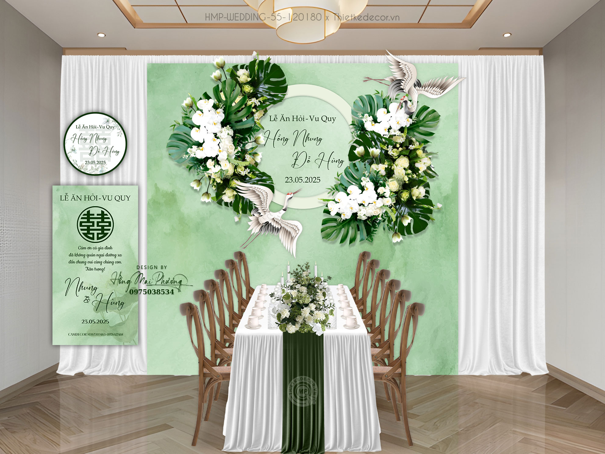 Gia tiên tone xanh lá phối chim hạc, nền loang, kèm tem nước và tag bàn